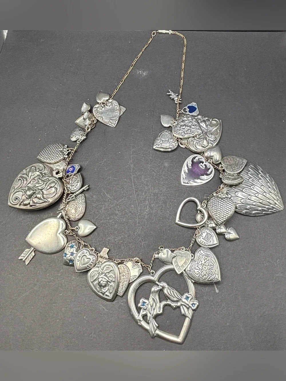 Vintage Pididdly Links Silver Heart Charm Locket Statement Necklace 24”